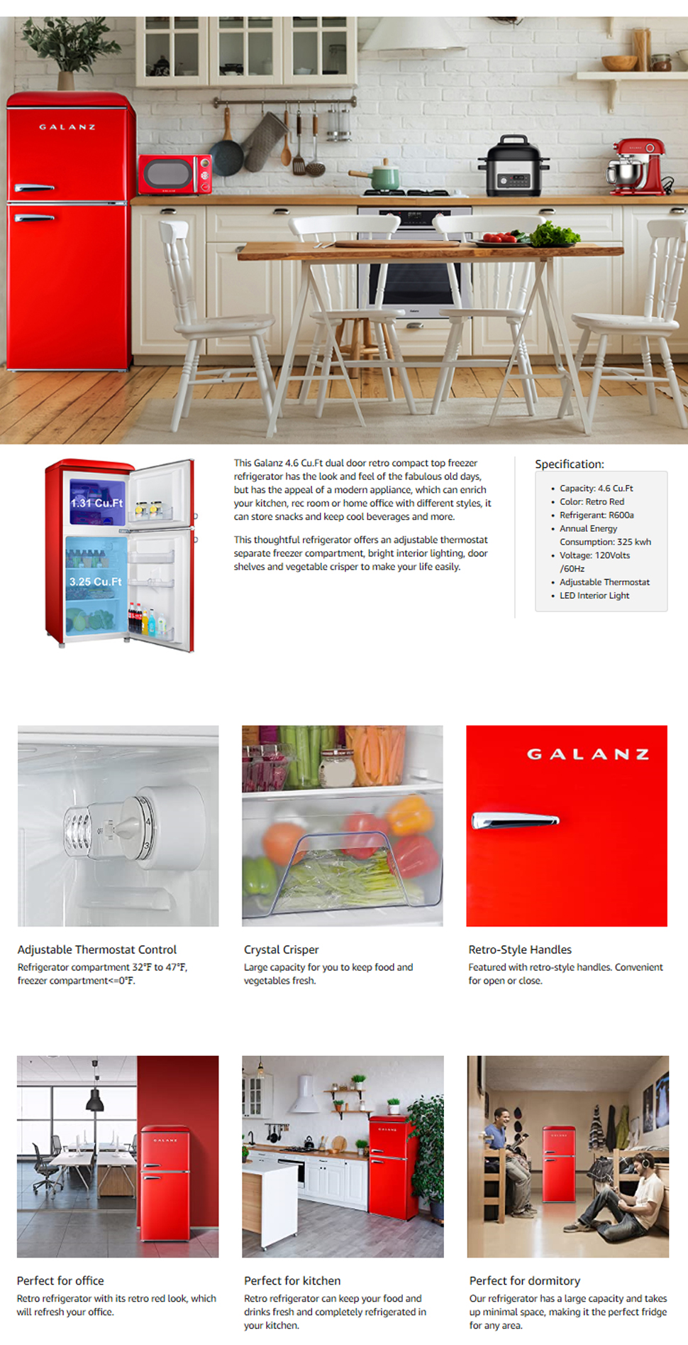 Galanz 4.6 cu. ft. Retro Mini Fridge with Dual Door True Freezer in Red